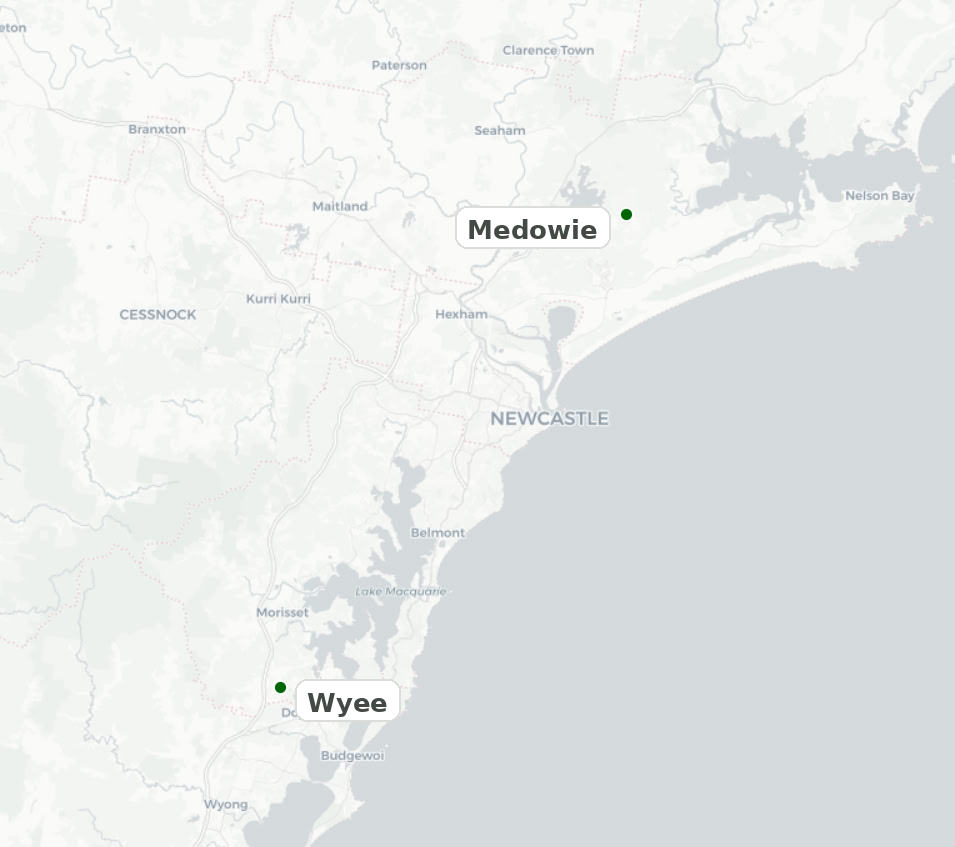 Map showing the Wyee and Medowie clinic locations